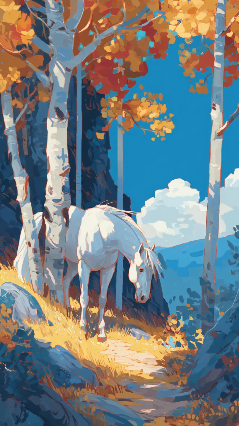 White horse in autumn birch forest under blue sky