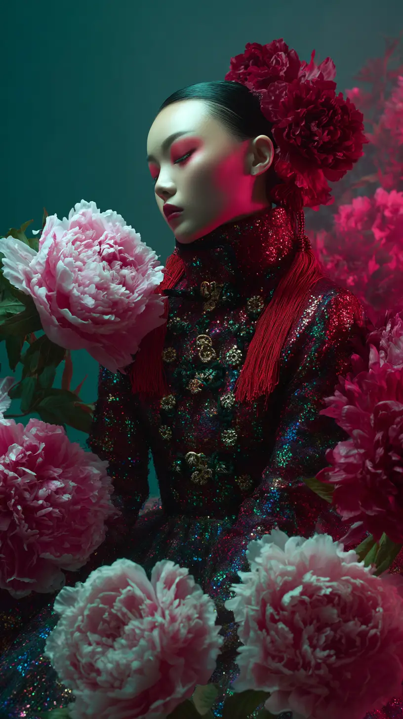 Cinematic portrait of an elegant woman in glitter gown