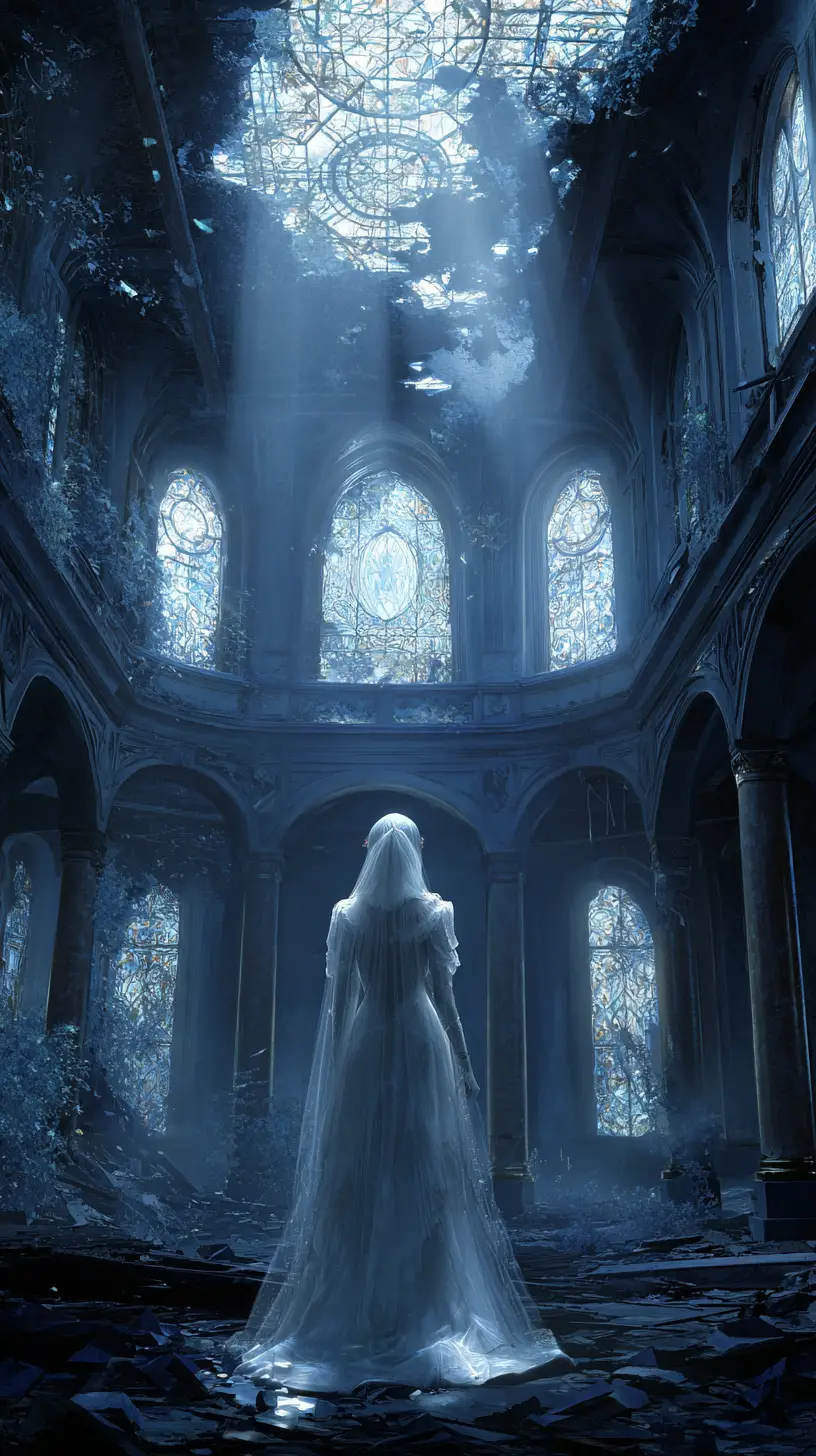 Ghostly queen in ruins of a moonlit ballroom