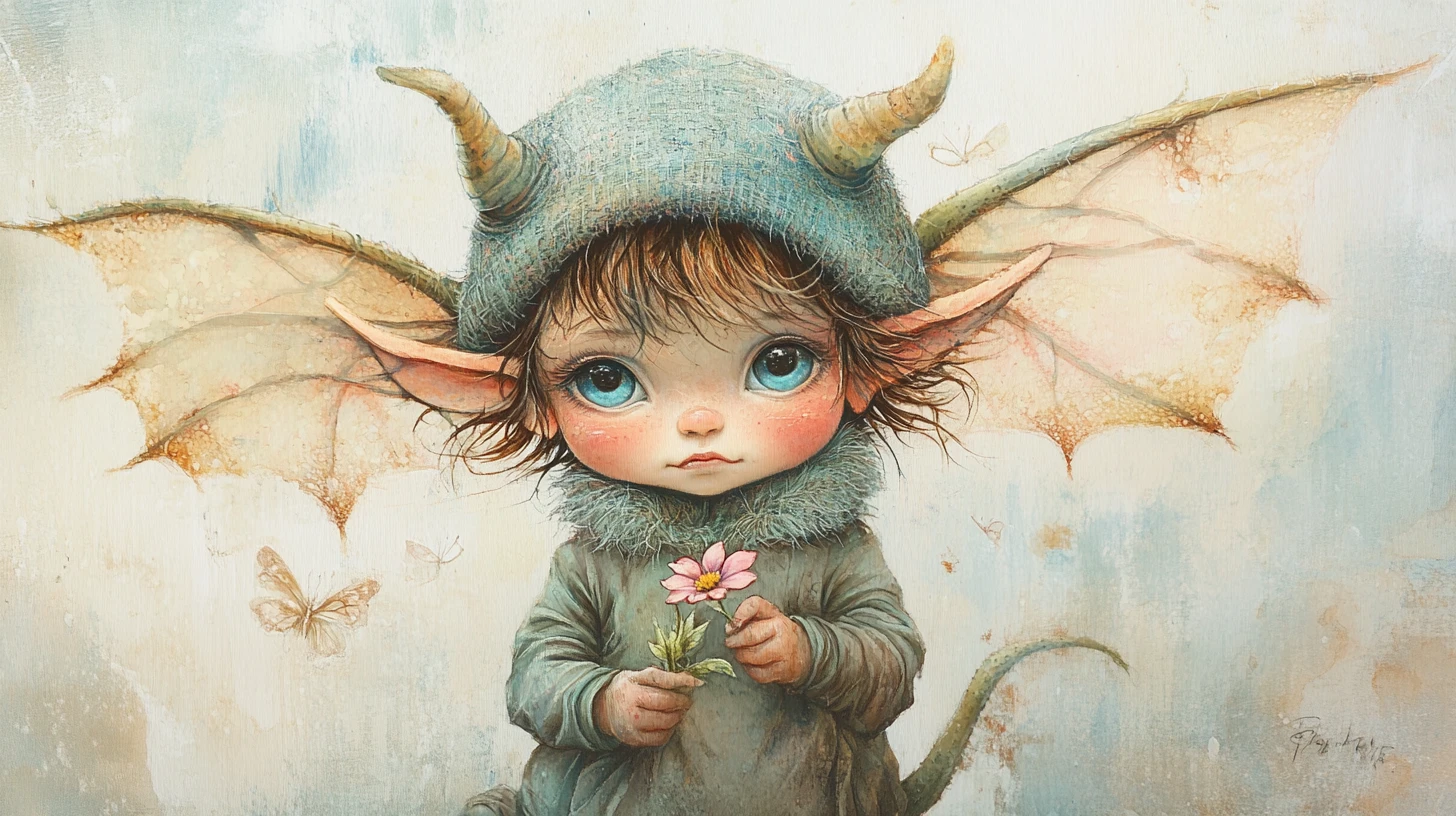Tiny baby dragon holding a flower in soft watercolor style