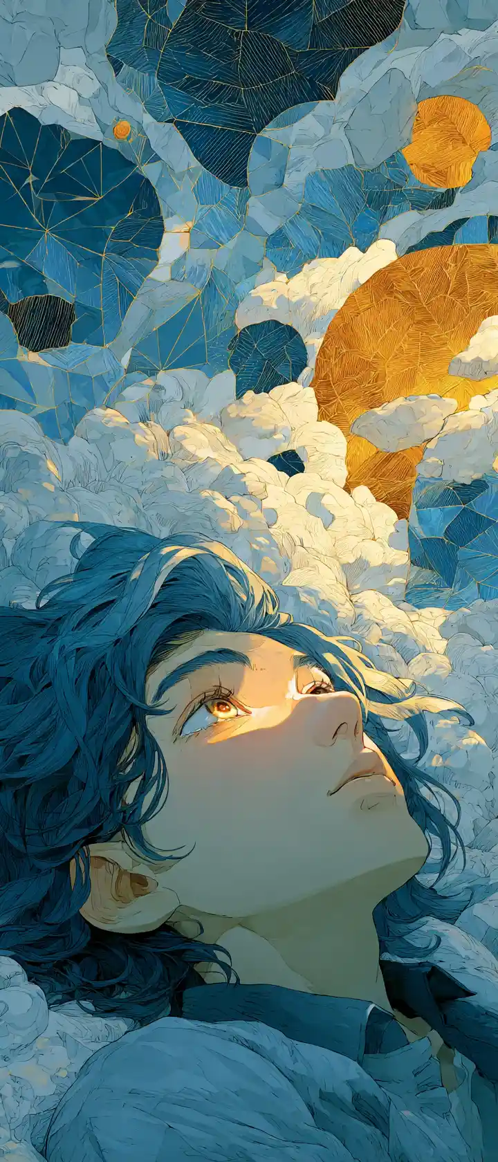 Sognatore anime che dorme sotto un paesaggio onirico astratto vorticoso
