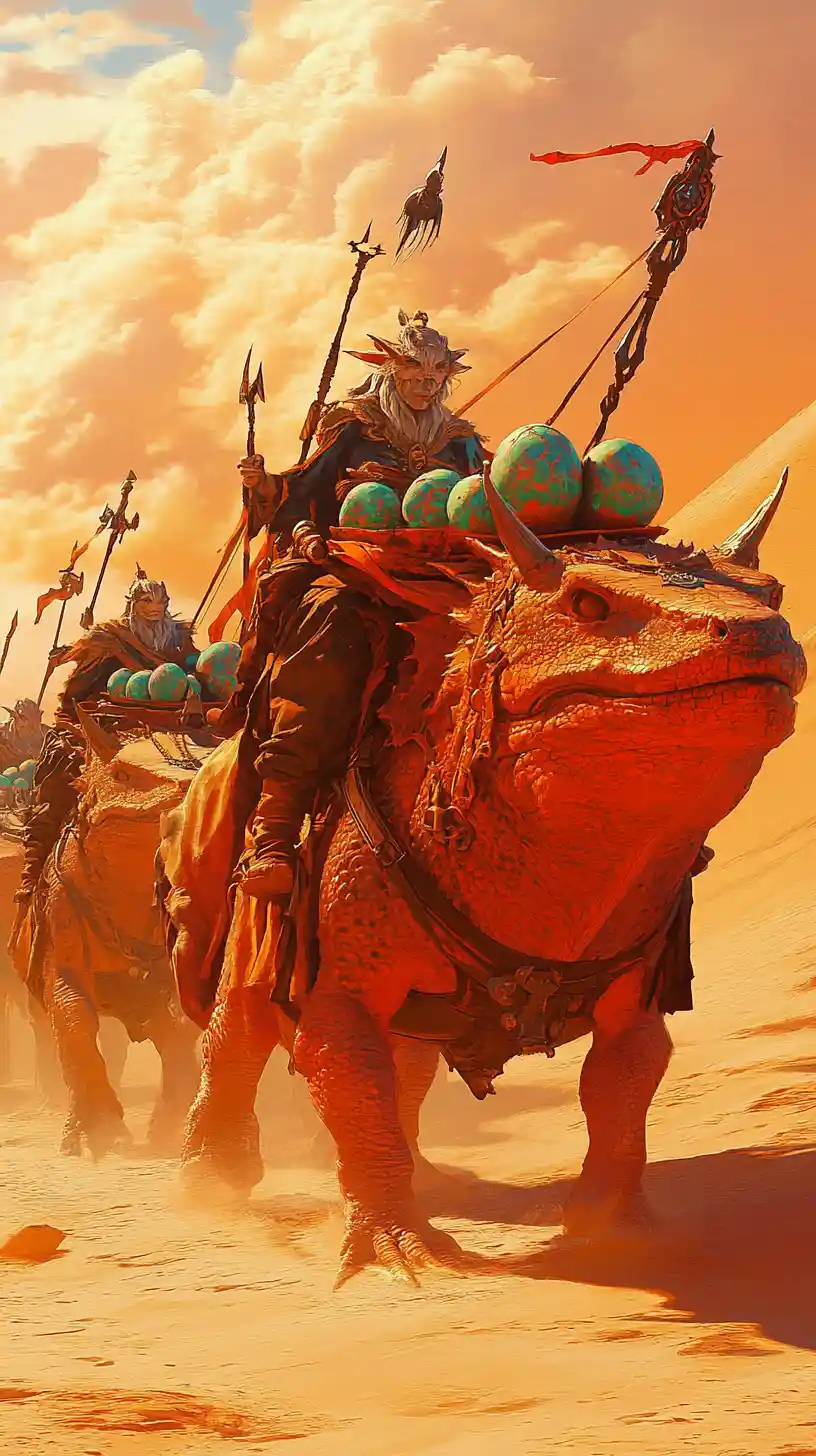 Elven caravan riding giant lizards across desert dunes