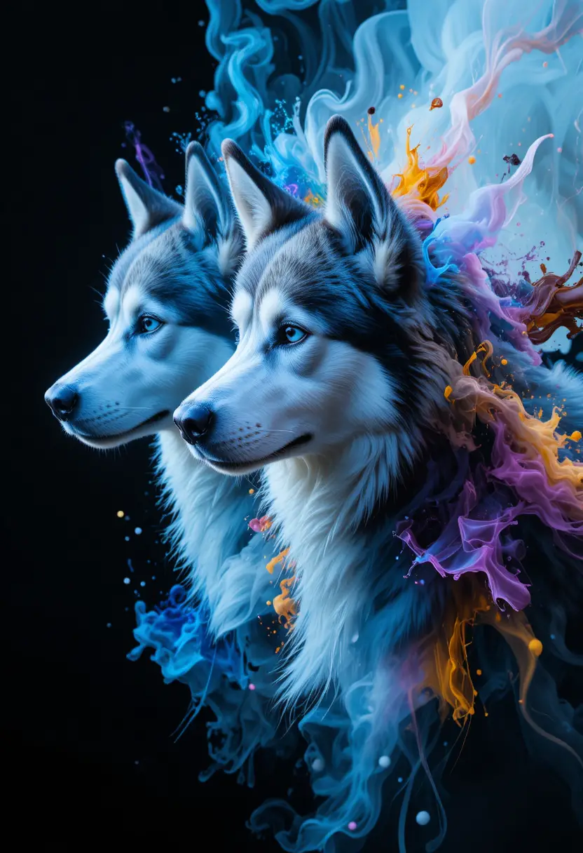 Retratos surrealistas de doble exposición de un husky gris y blanco