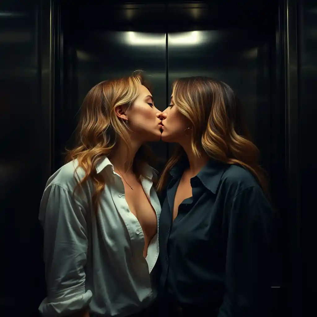 Two women kissing in a dim elevator wide shot