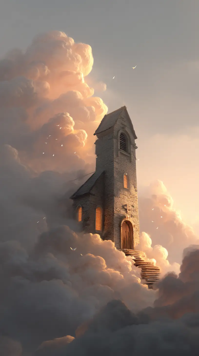 Solitary stone church floating on luminous dawn clouds