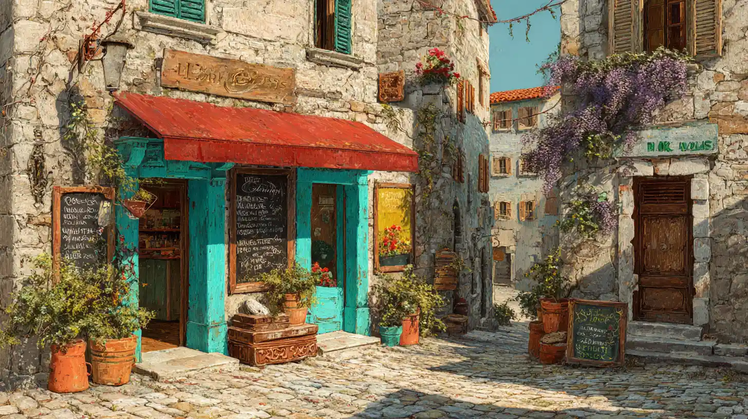 Sunlit European village alley with colorful storefronts
