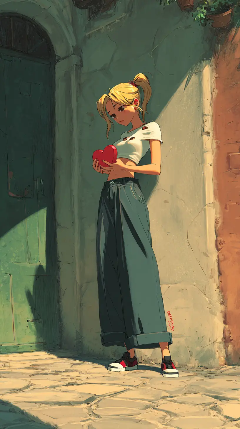 Anime girl holding a red heart on cobblestone path