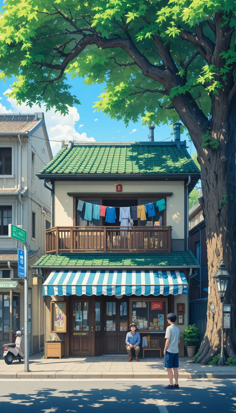 Anime-Straßenladen mit Balkon und sonnendurchflutetem Gründach