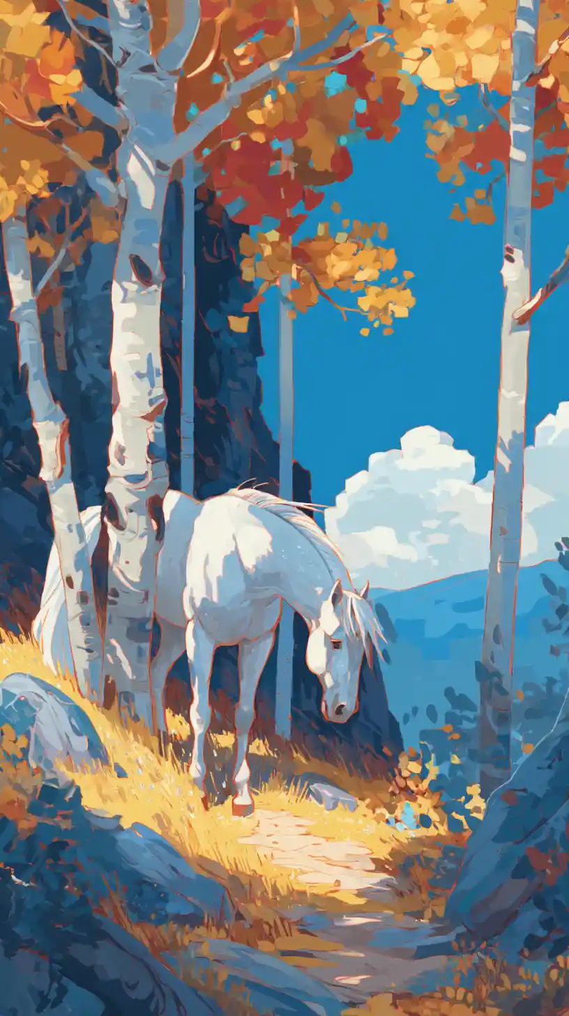 White horse in autumn birch forest under blue sky