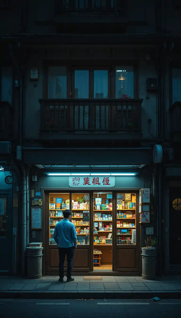 Small night shop glowing warmly on a quiet city street