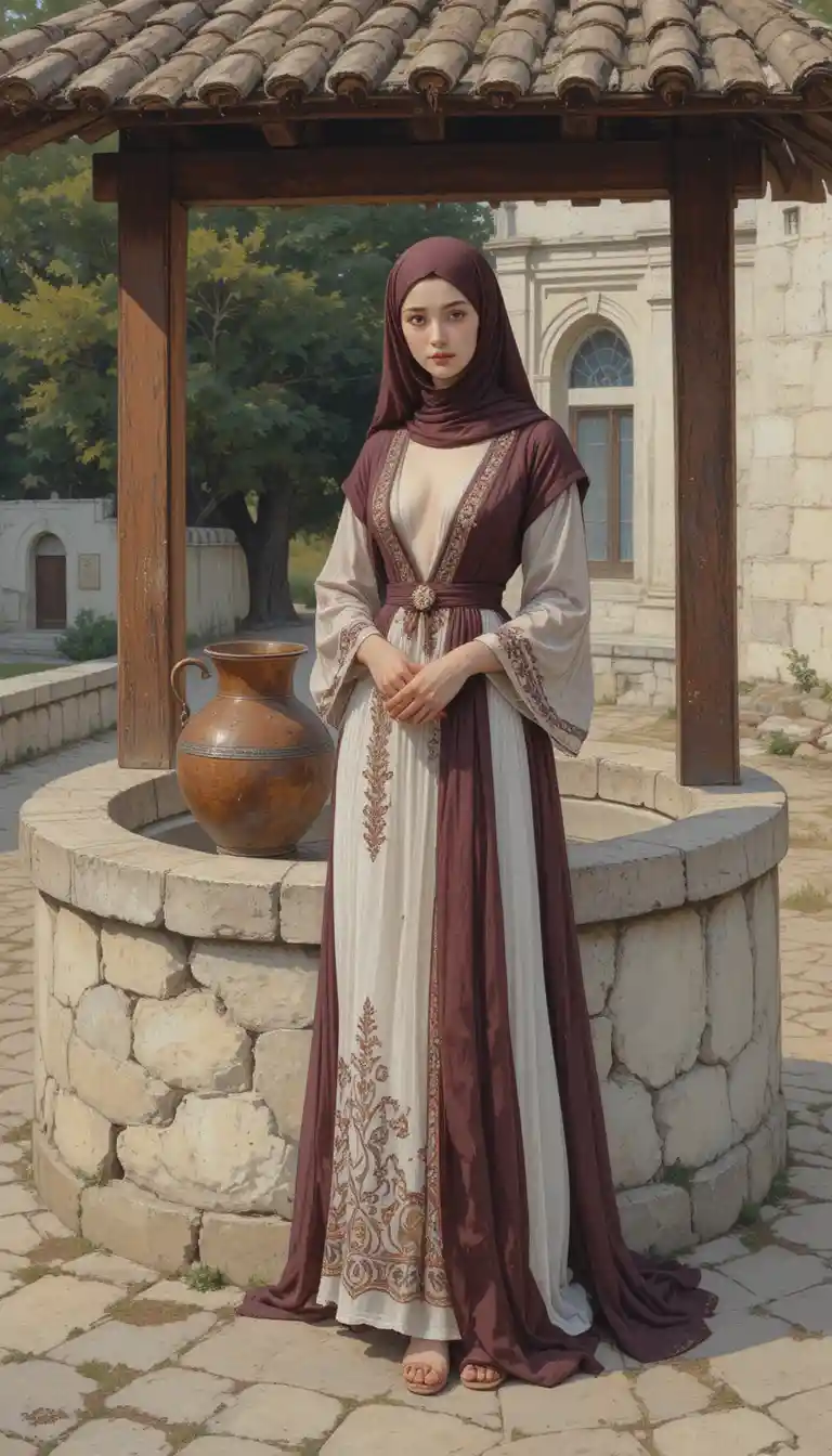 Young woman in burgundy dress by a stone well