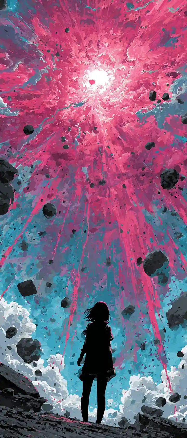 Anime girl in a storm of neon abstract chaos