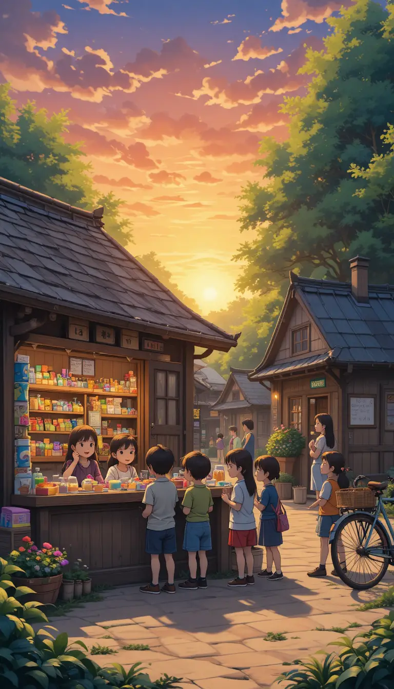 Anime-Dorf-Laden bei Sonnenuntergang mit Kindern, die Süßigkeiten kaufen