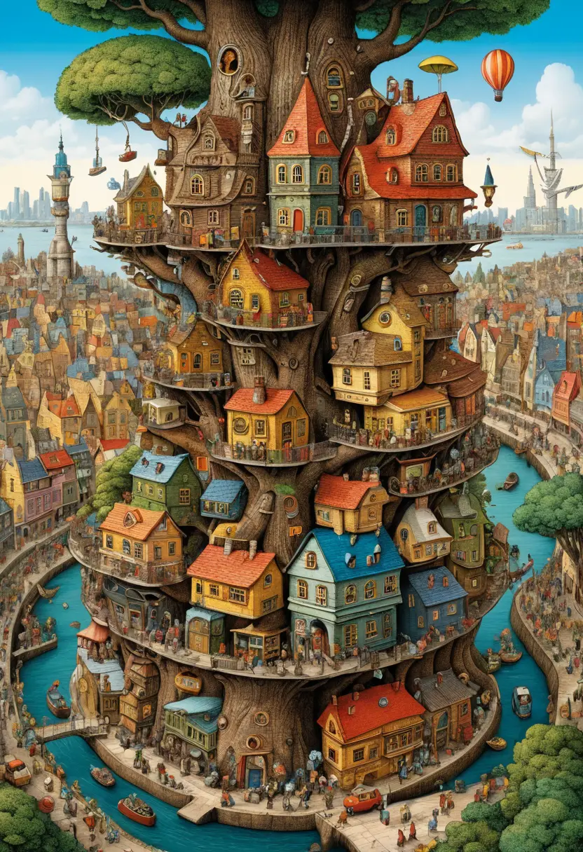 Whimsical Mega City Hidden Inside A Vast Spreading Tree