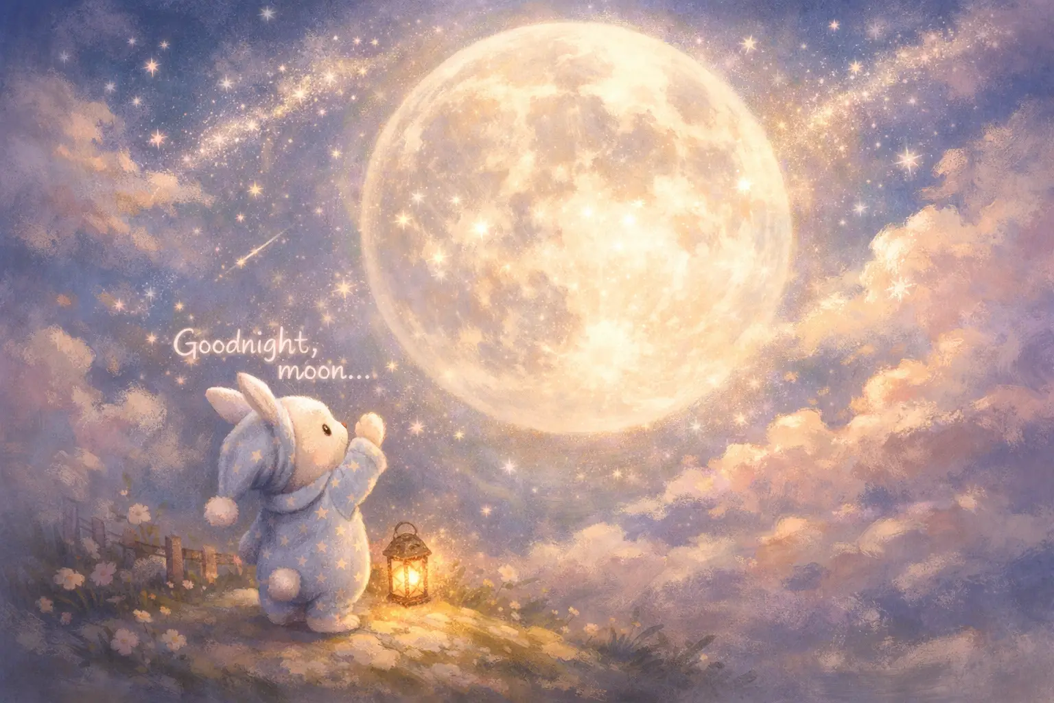 Cute pastel rabbit in pajamas saying goodnight to the moon
