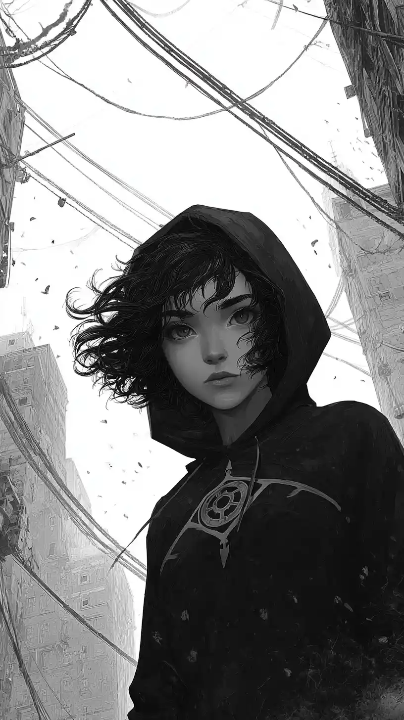 Mujer de anime con sudadera en ciudad industrial desolada