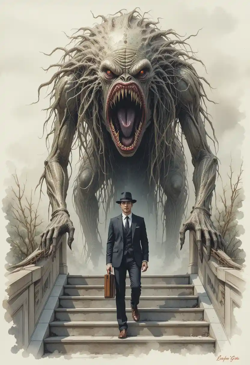 Watercolor monster looming over businessman on staircase