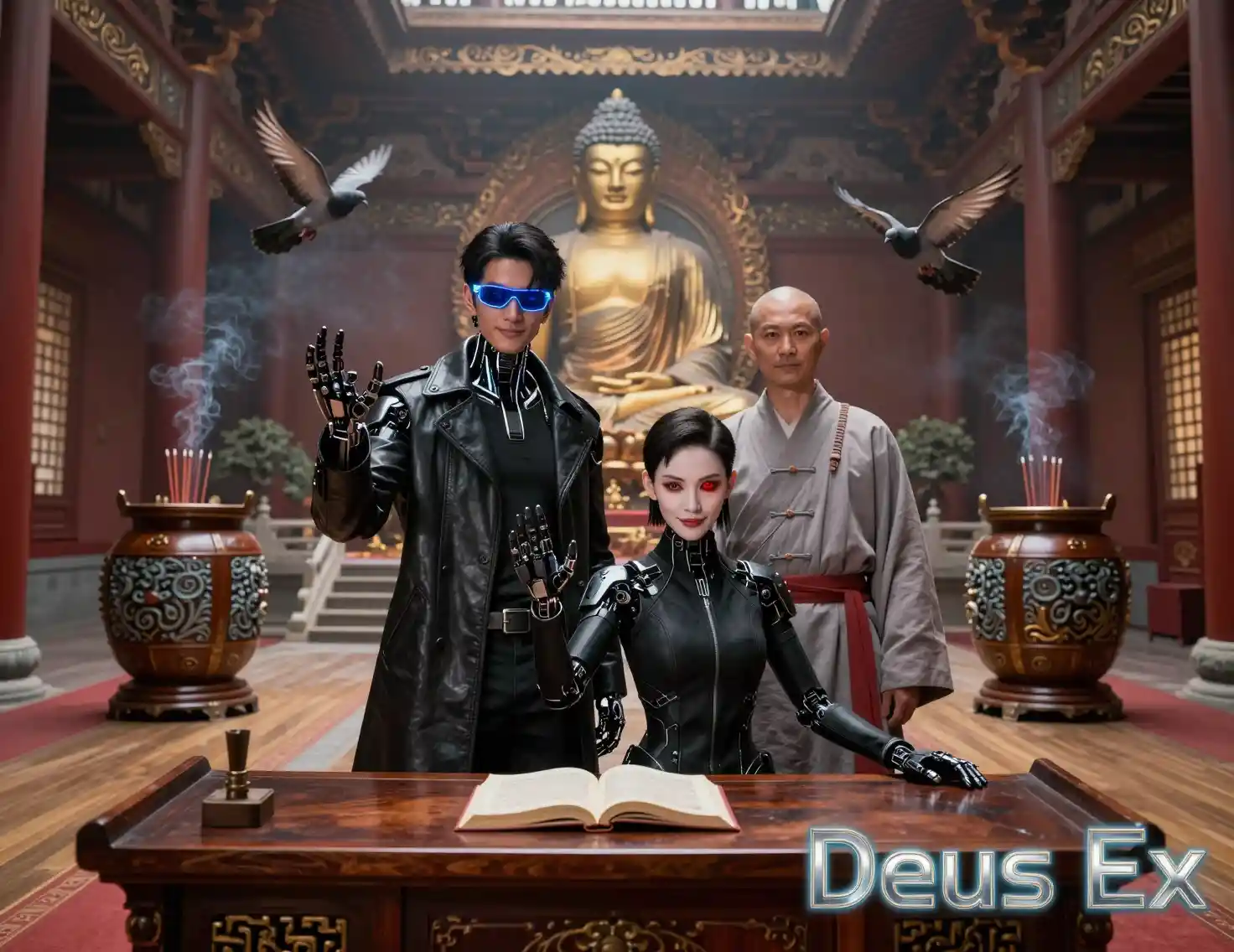 Augmented cyborg partners in a serene temple interior