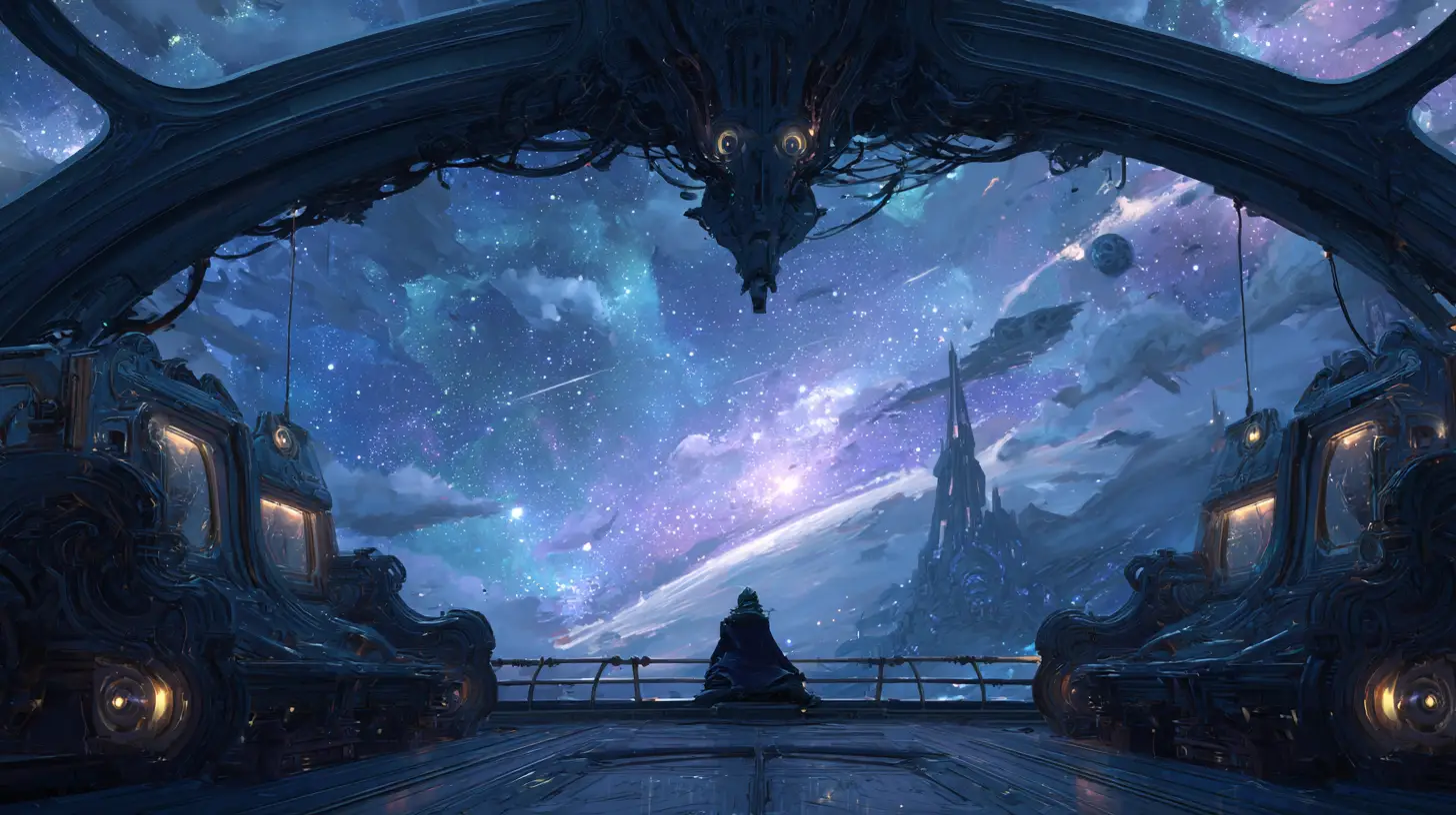 Ork-General auf der Brücke eines Alien-Raumschiffs unter kosmischer Kulisse