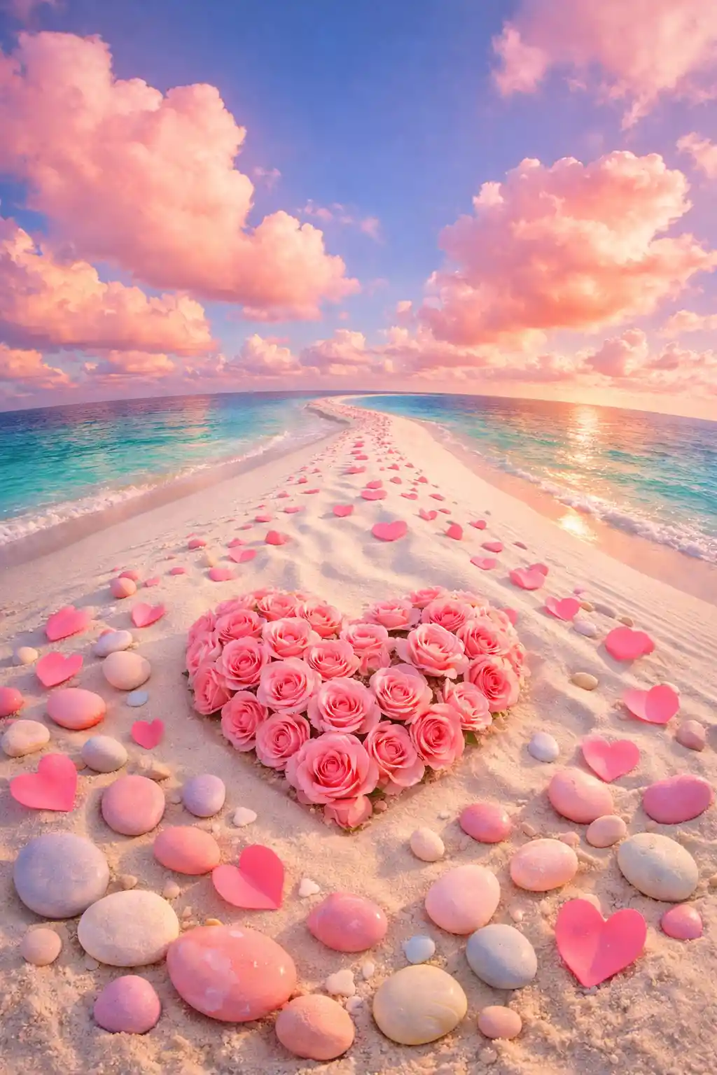 Romantic sandbar of roses under pastel sunset sky