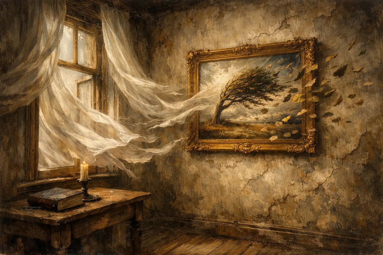Abandoned Interior Room With Wind Swept Curtains And Framed Tree