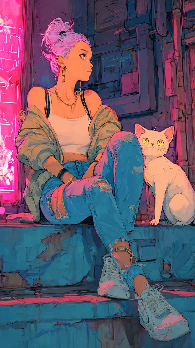 Anime girl with purple hair relaxing in neon city street
