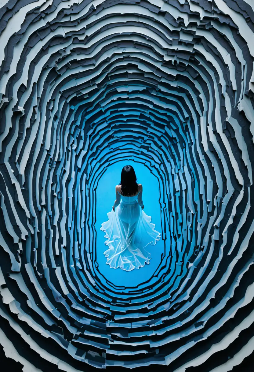Woman in white within abstract blue optical illusion maze