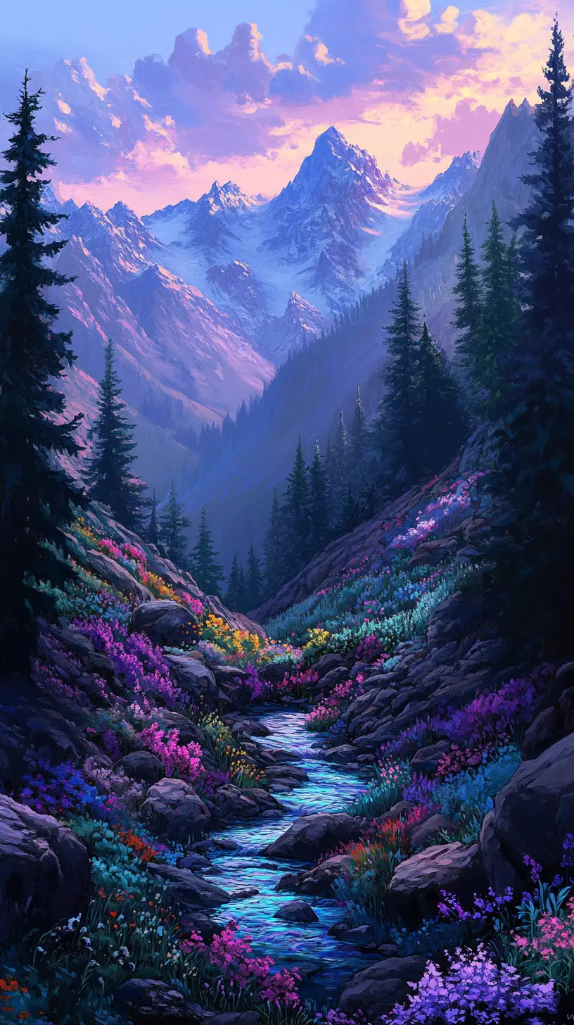 Vibrant mountain river valley with trees and flowers