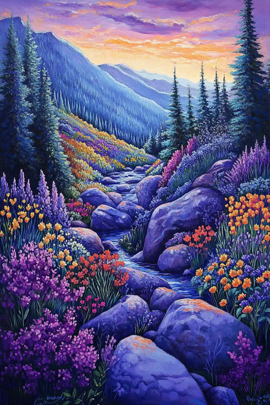 Colorful mountain river valley with trees and flowers