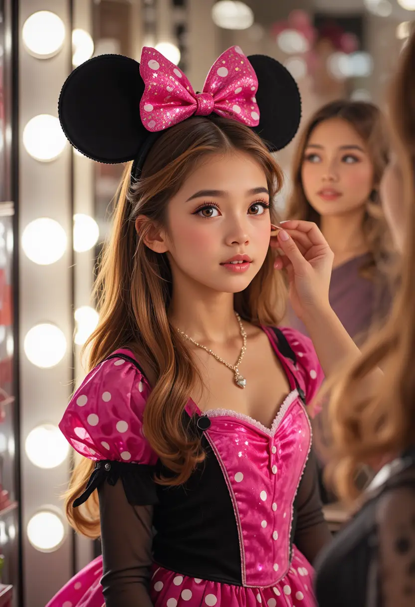 Ragazzino con abito rosa di Minnie allo specchio trucco di una boutique