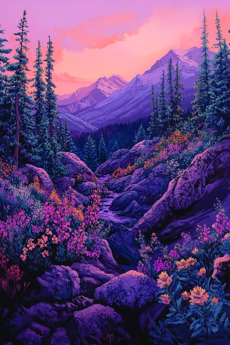 Colorful mountain river valley with trees and flowers
