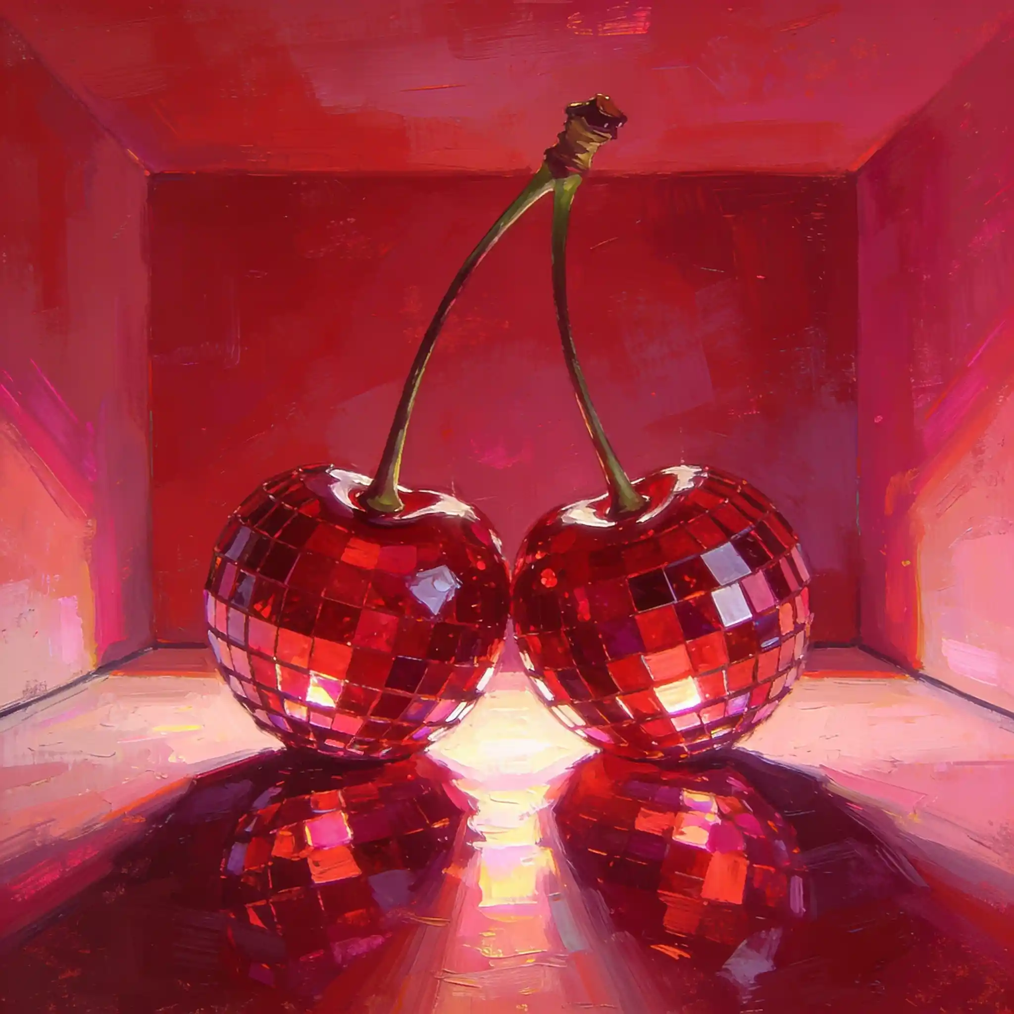 Twin ruby glass cherries glowing in a vivid red space