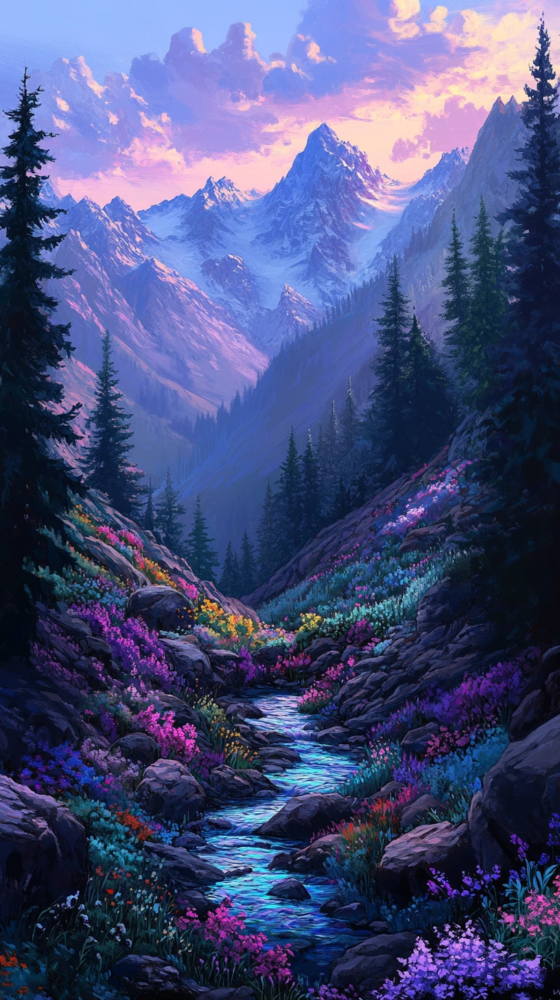 Lebendiges Bergfluss-Tal mit Bäumen und Blumen