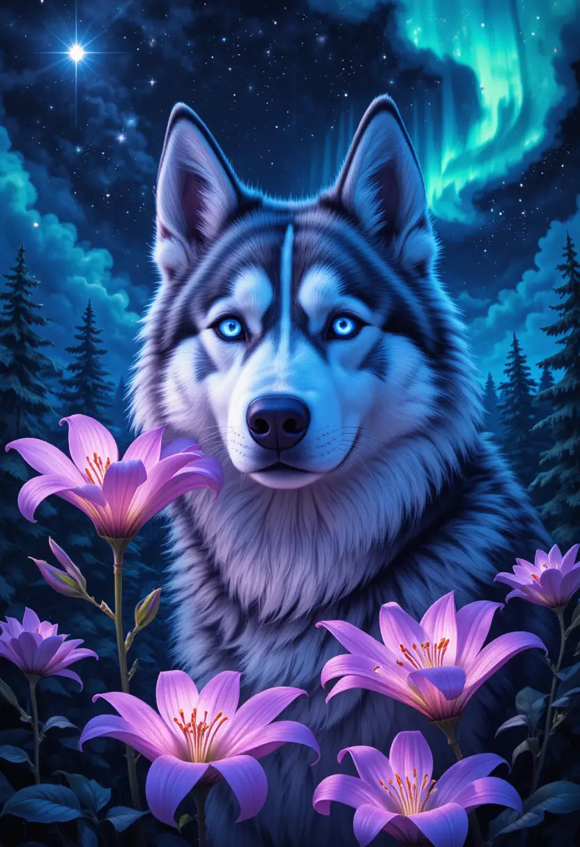 Husky siberiano con gigli in una foresta fantasy luminosa