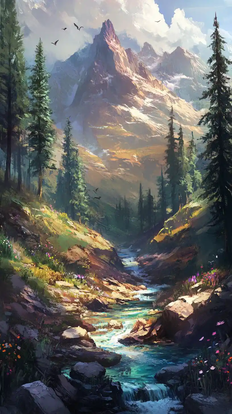 Iridescent glass mountain landscape with winding river and trees