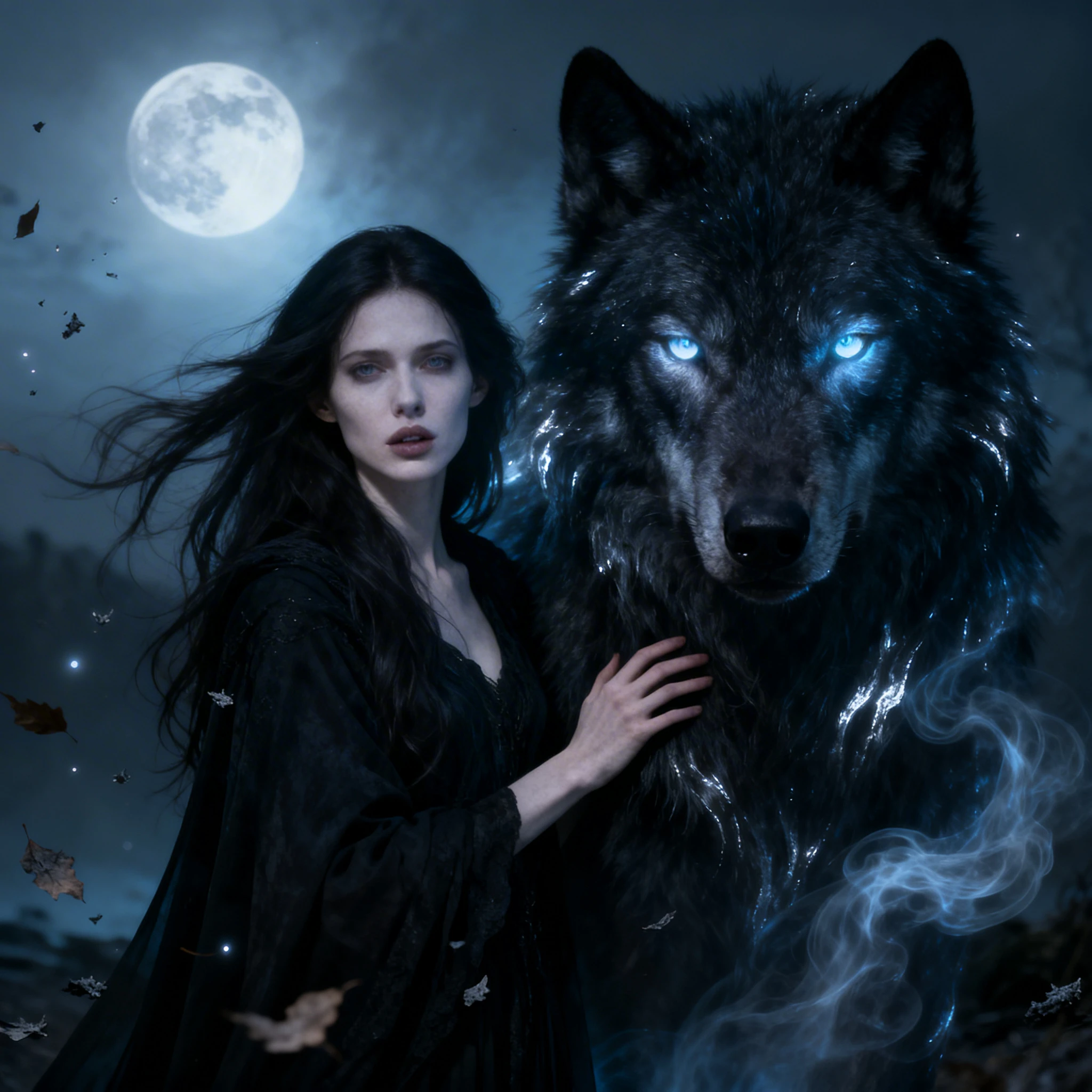 Ethereal woman with spirit wolf under a ghostly moon