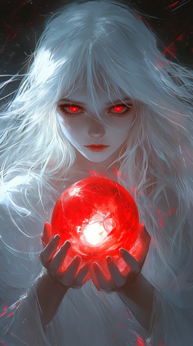 Ragazza anime dai capelli bianchi che tiene un globo rosso luminoso