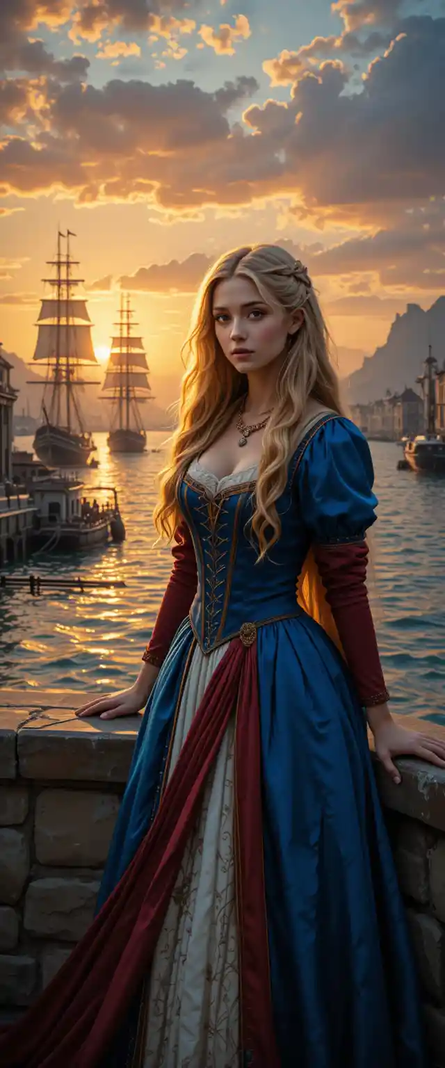 Young woman by a harbor wall at golden sunset