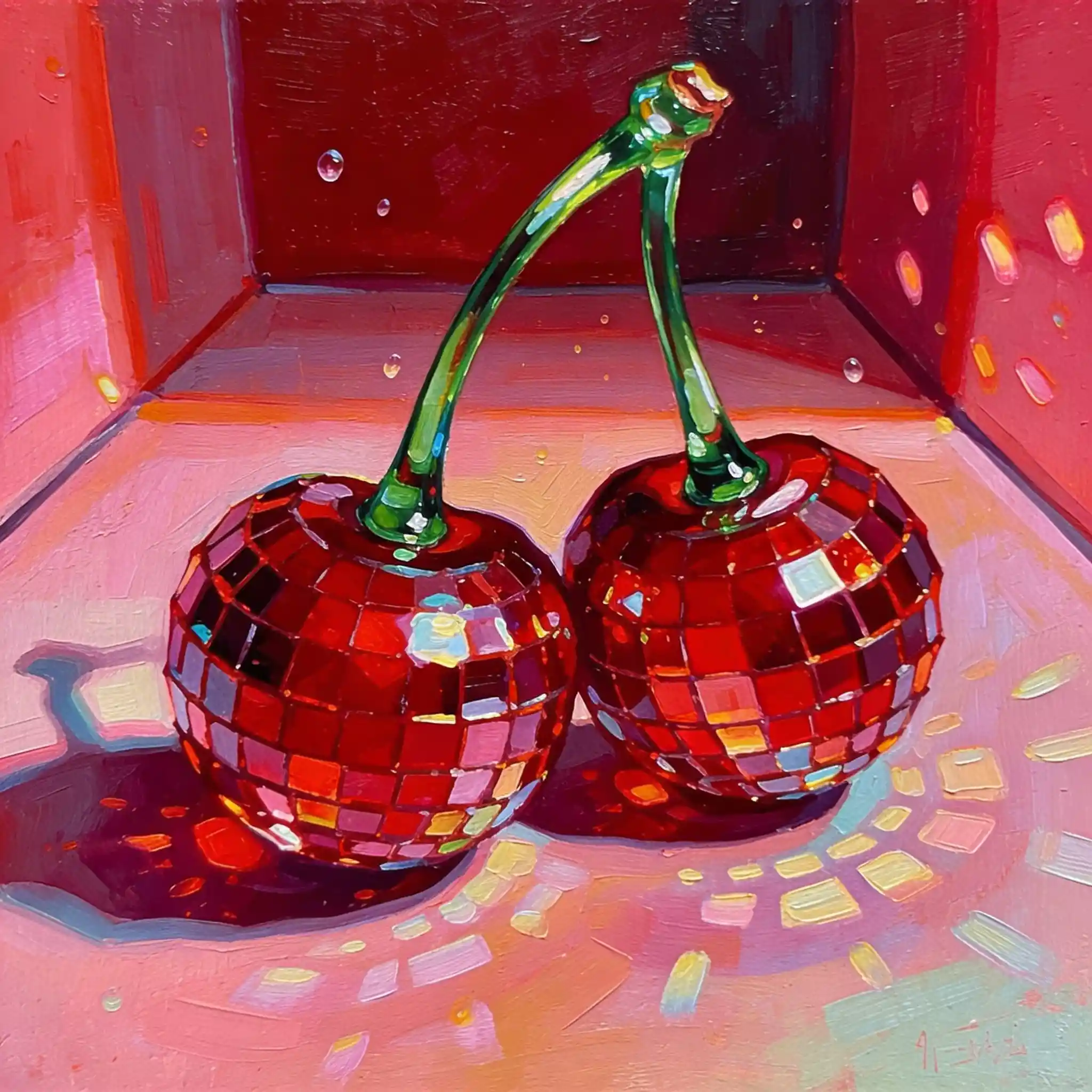 Twin glassy cherries glowing against a red abstract background
