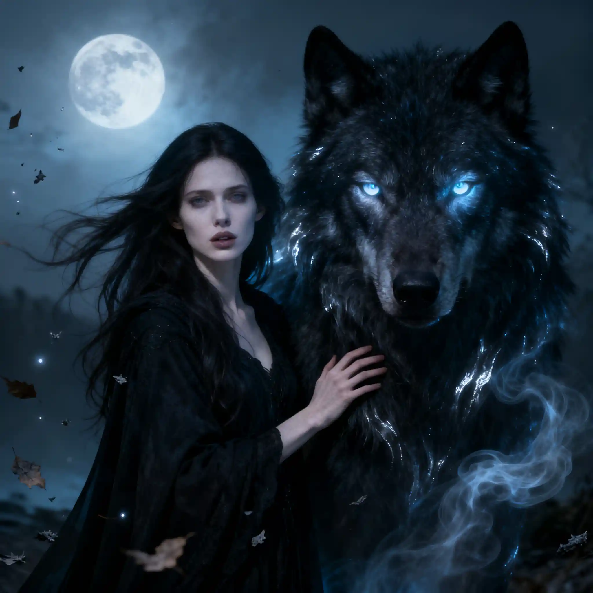 Ethereal woman with spirit wolf under a ghostly moon