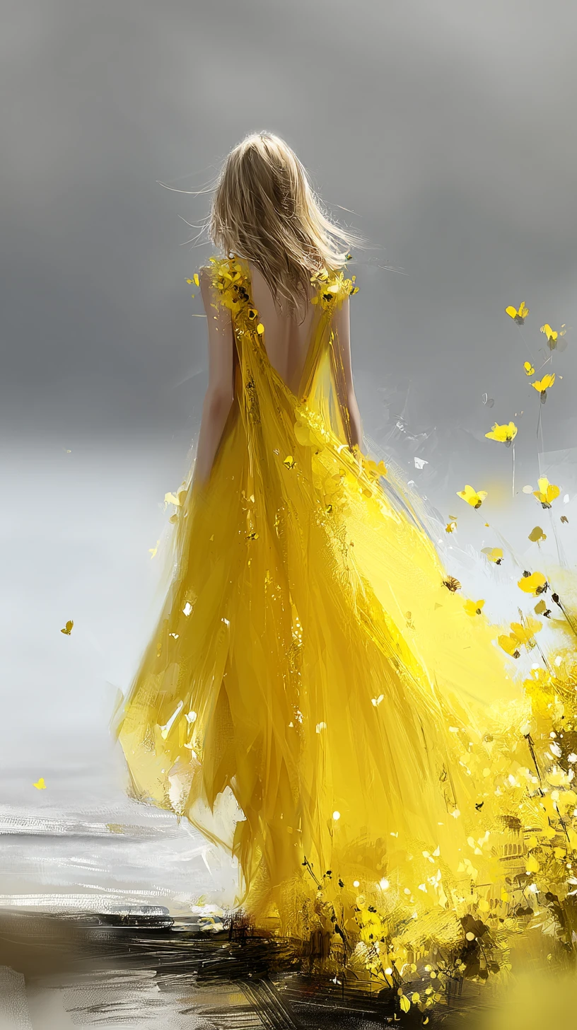Donna che cammina in un campo da sogno in un'illustrazione fantasy