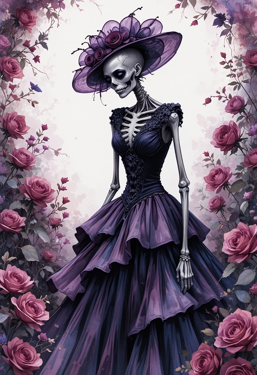 Düsterer skelettierter Zombie im violetten Kleid in einem Rosengarten