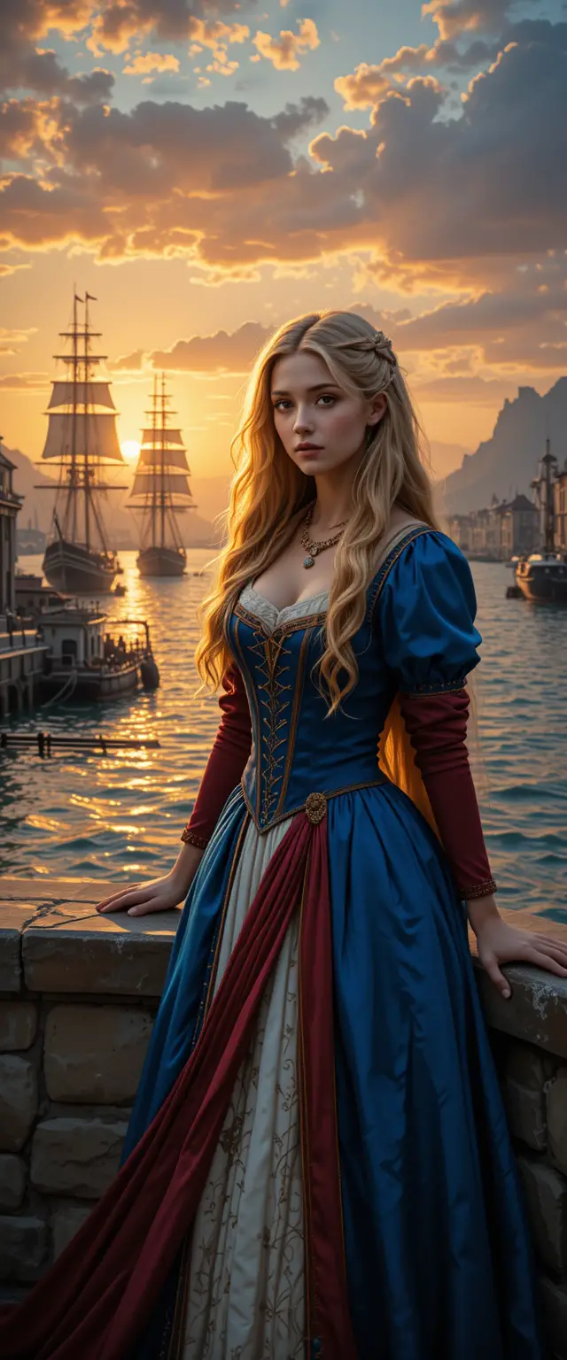 Young woman by a harbor wall at golden sunset