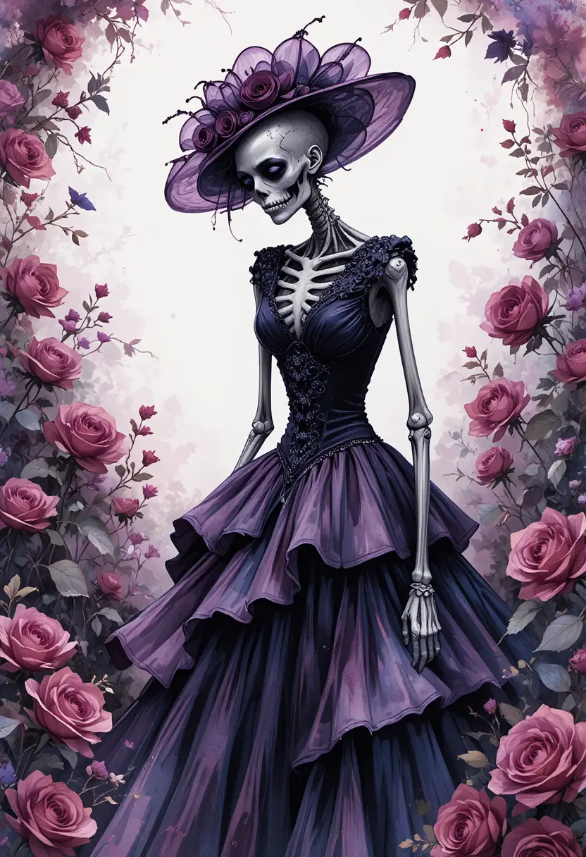 Zombie squelettique sombre en robe violette dans une roseraie