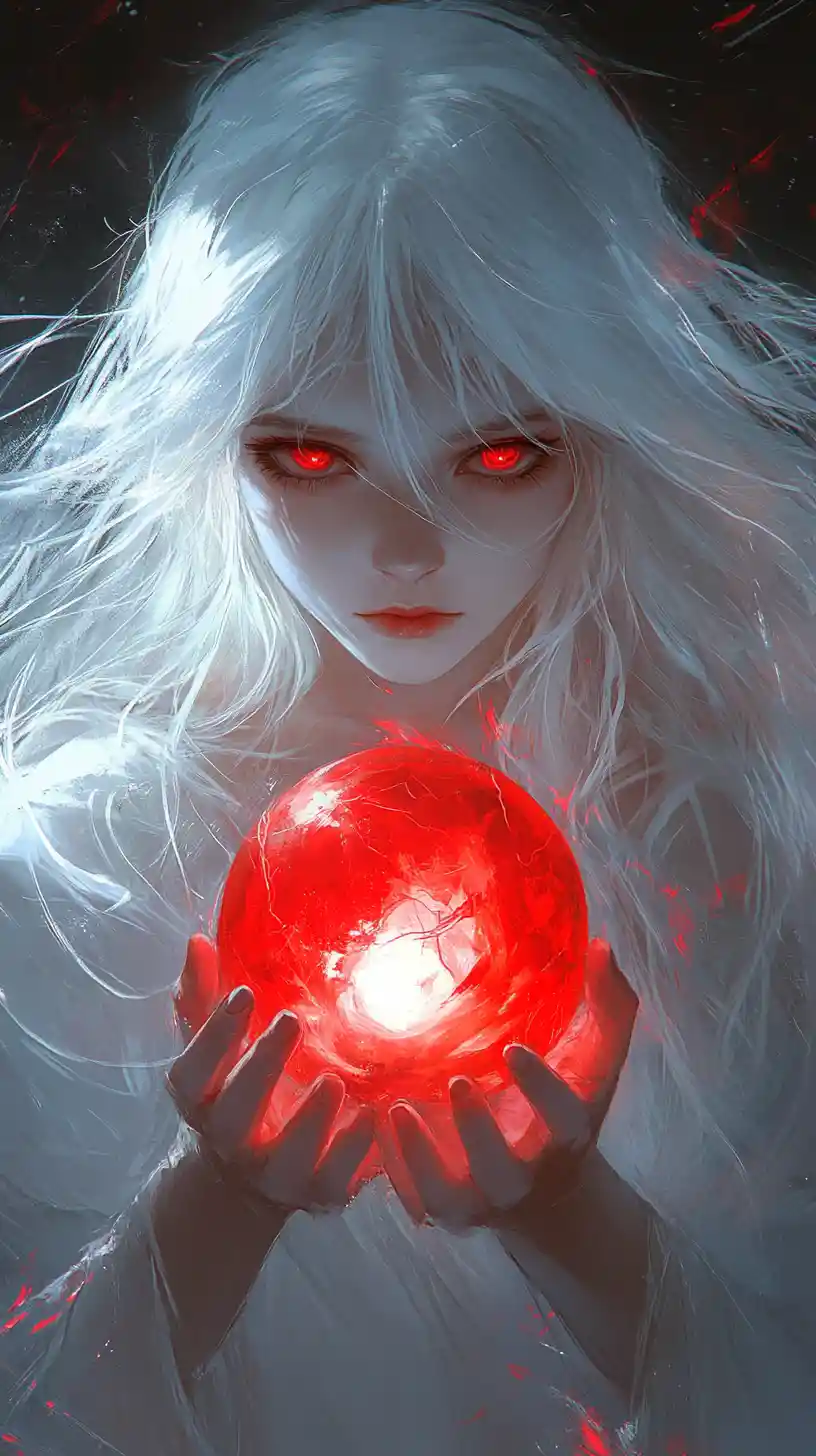 Ragazza anime dai capelli bianchi che tiene un globo rosso luminoso