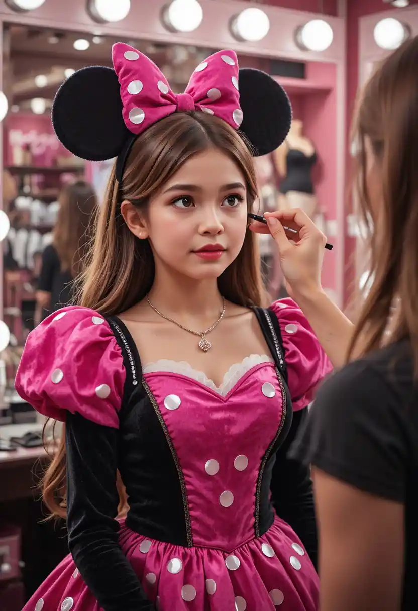 Young boy in pink Minnie dress at boutique makeup mirror