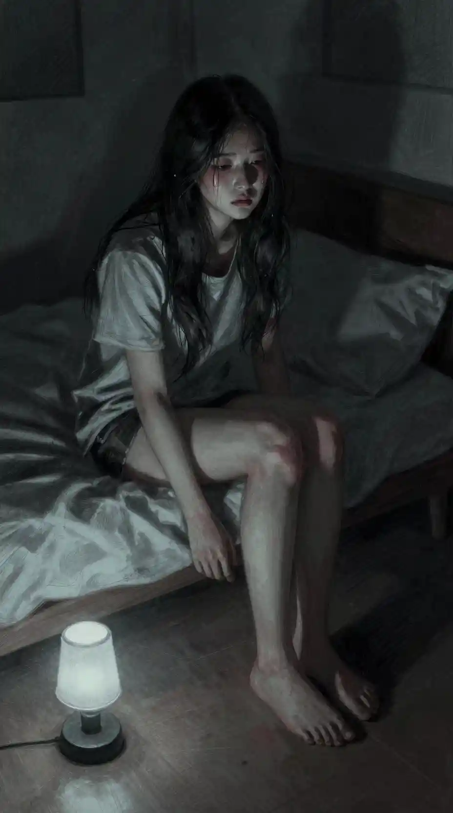 어두운 침실에 혼자 앉아 있는 젊은 여성