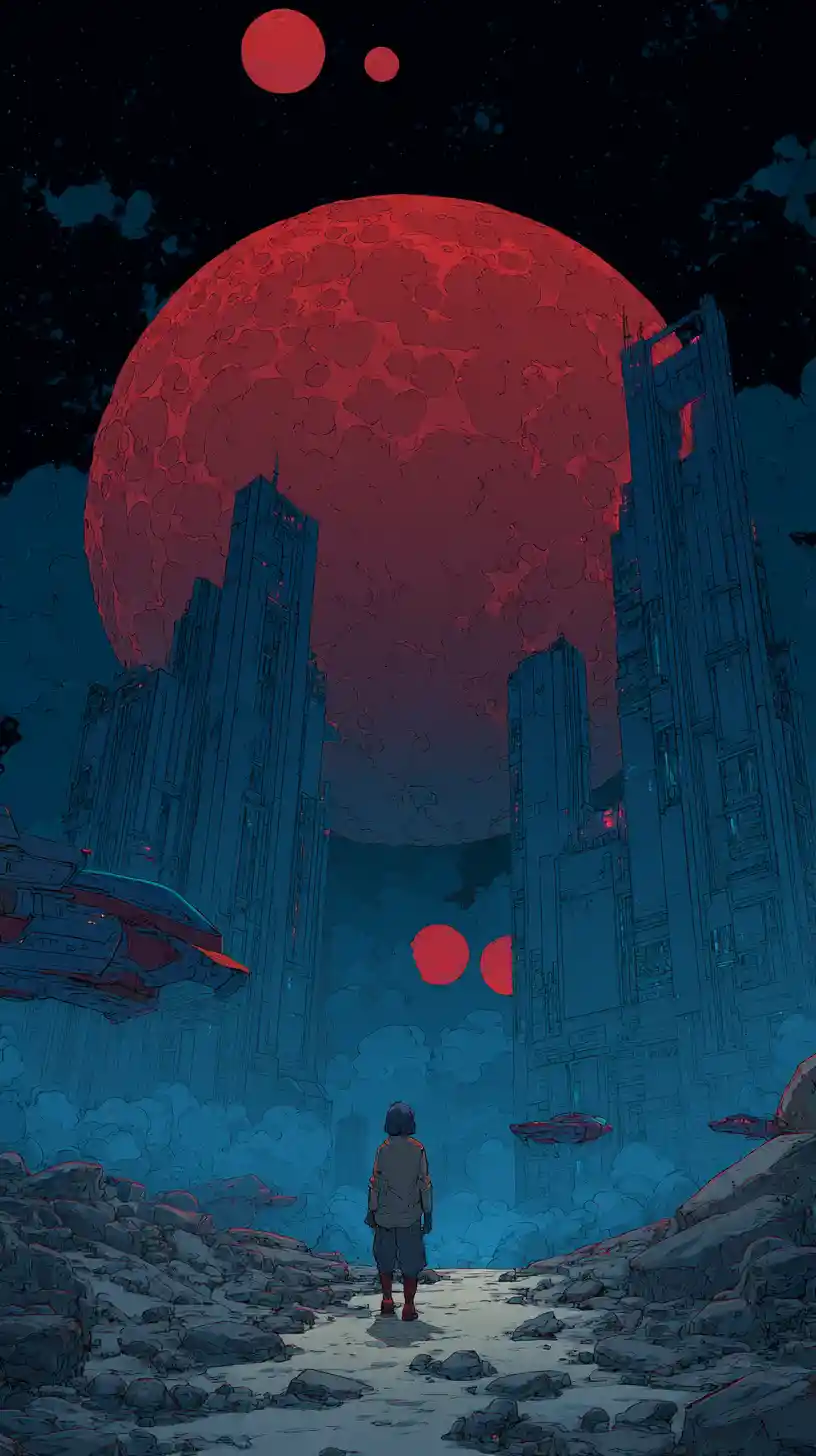 Lone figure walking toward futuristic city under red moon