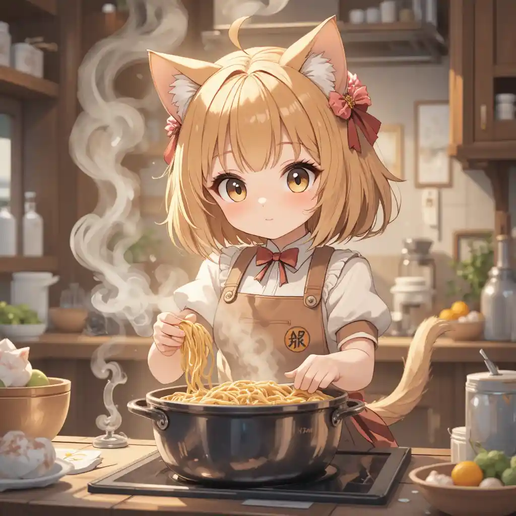 Dolce gattina anime che cucina noodles in una cucina accogliente