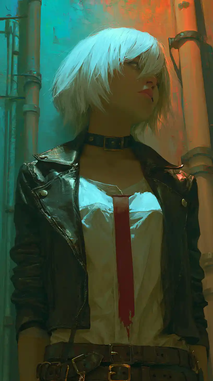 Anime girl in leather jacket with blood stained blouse
